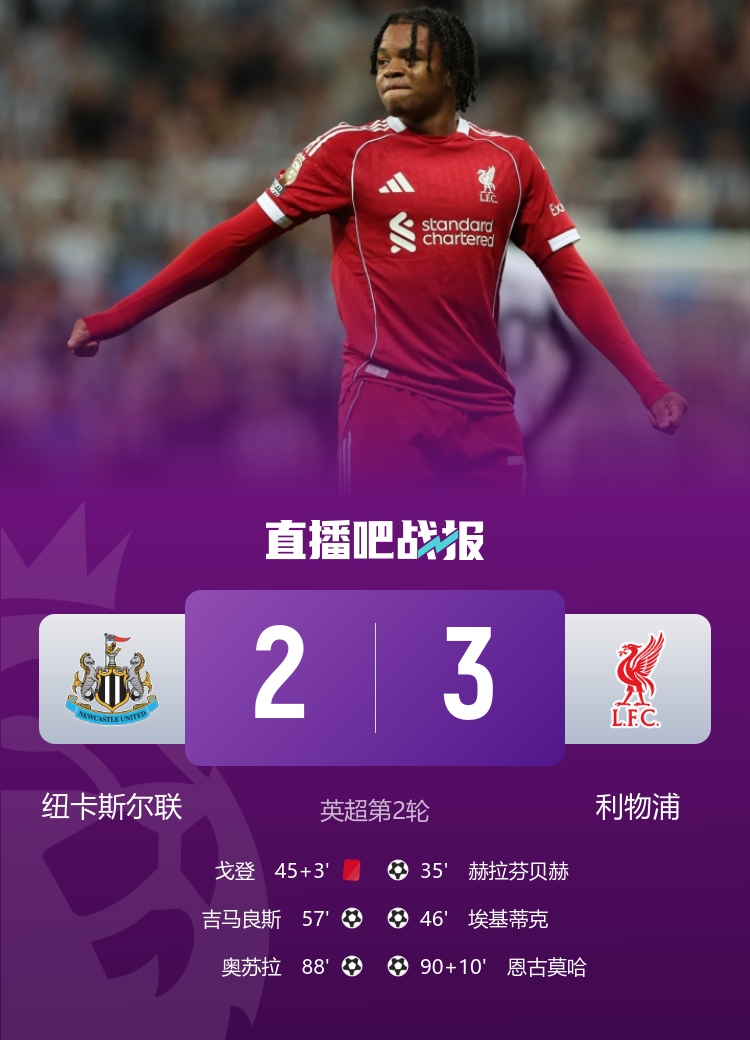 体育赛事-早报：16岁恩古莫哈登场4分钟绝杀！利物浦3-2十人纽卡